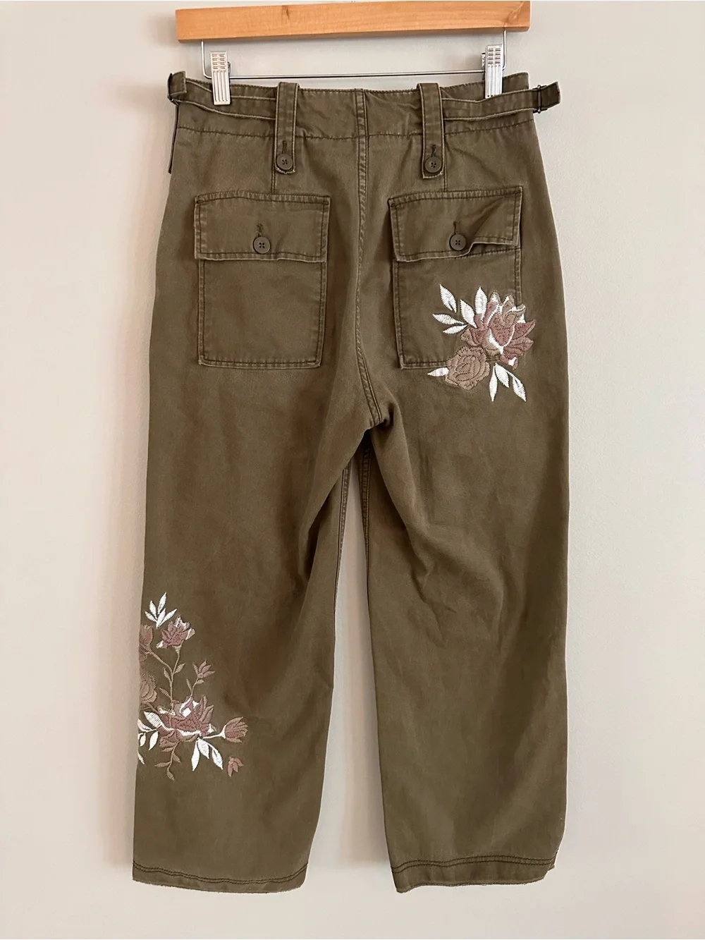 Free People Keep It Real Military Pant Olive Embroidered Floral Cropped Wide Leg